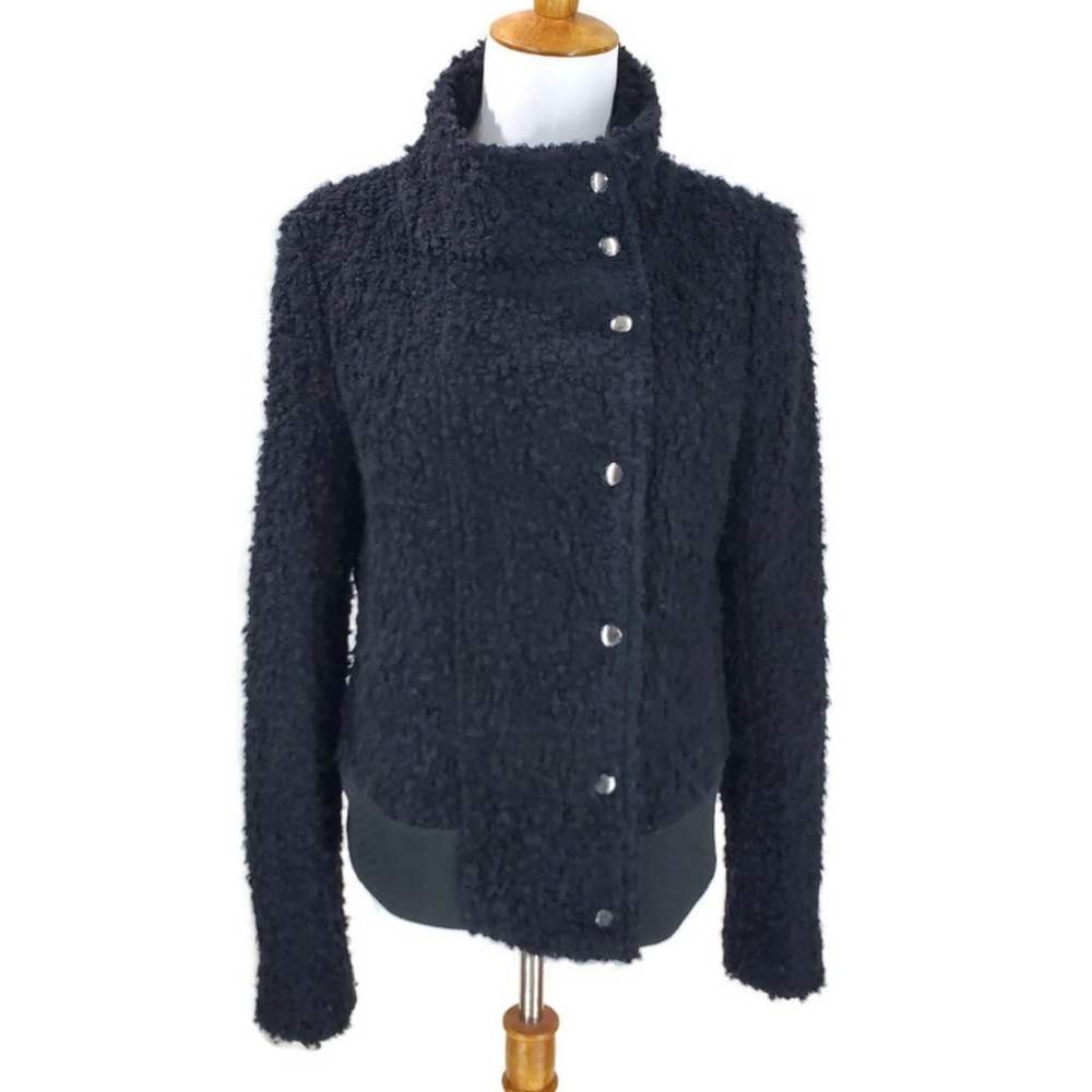 Black Boucle Moto Jacket, Banana Republic, 10, Womens, Funnel Neck, Wool Blend - Picture 4 of 12